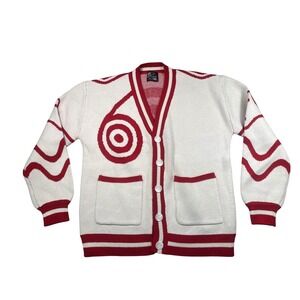 Steady Hands Cardigan Sweater XS Red Cream Bullseye Graphic Knit Button Front